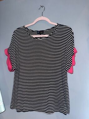 B Famous USA Black White Striped Top Pink Ruffle Sleeve Size M Cute Casual